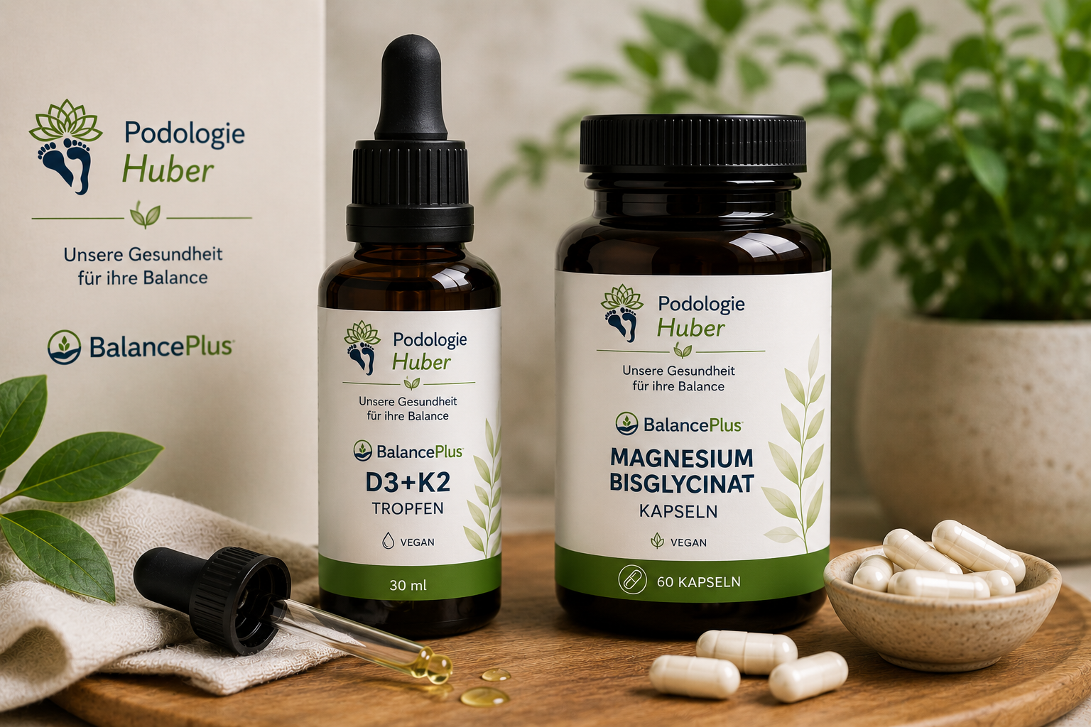 BalancePlus D3+K2 Tropfen und Magnesium Bisglycinat mit Praxislogo Podologie Huber